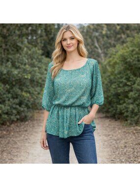 Bohemian Top Shirt Womens M Sheer Green Paisley Lined Blouse Gypsy 3/4 Sleeves T